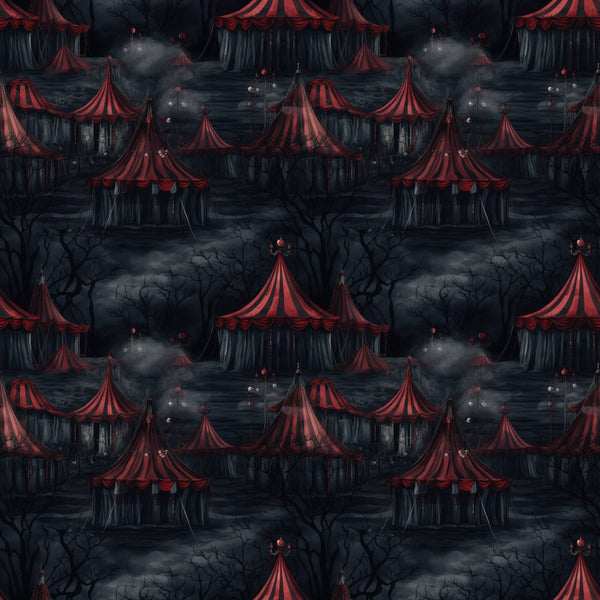 Dark circus tents with red and black stripes are scattered in a gloomy, foggy landscape with leafless trees.