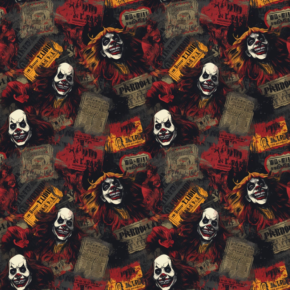 A repeating pattern featuring sinister clown faces, fiery colors, and newspaper clippings, creating a chaotic and eerie visual effect.