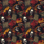 A repeating pattern featuring sinister clown faces, fiery colors, and newspaper clippings, creating a chaotic and eerie visual effect.
