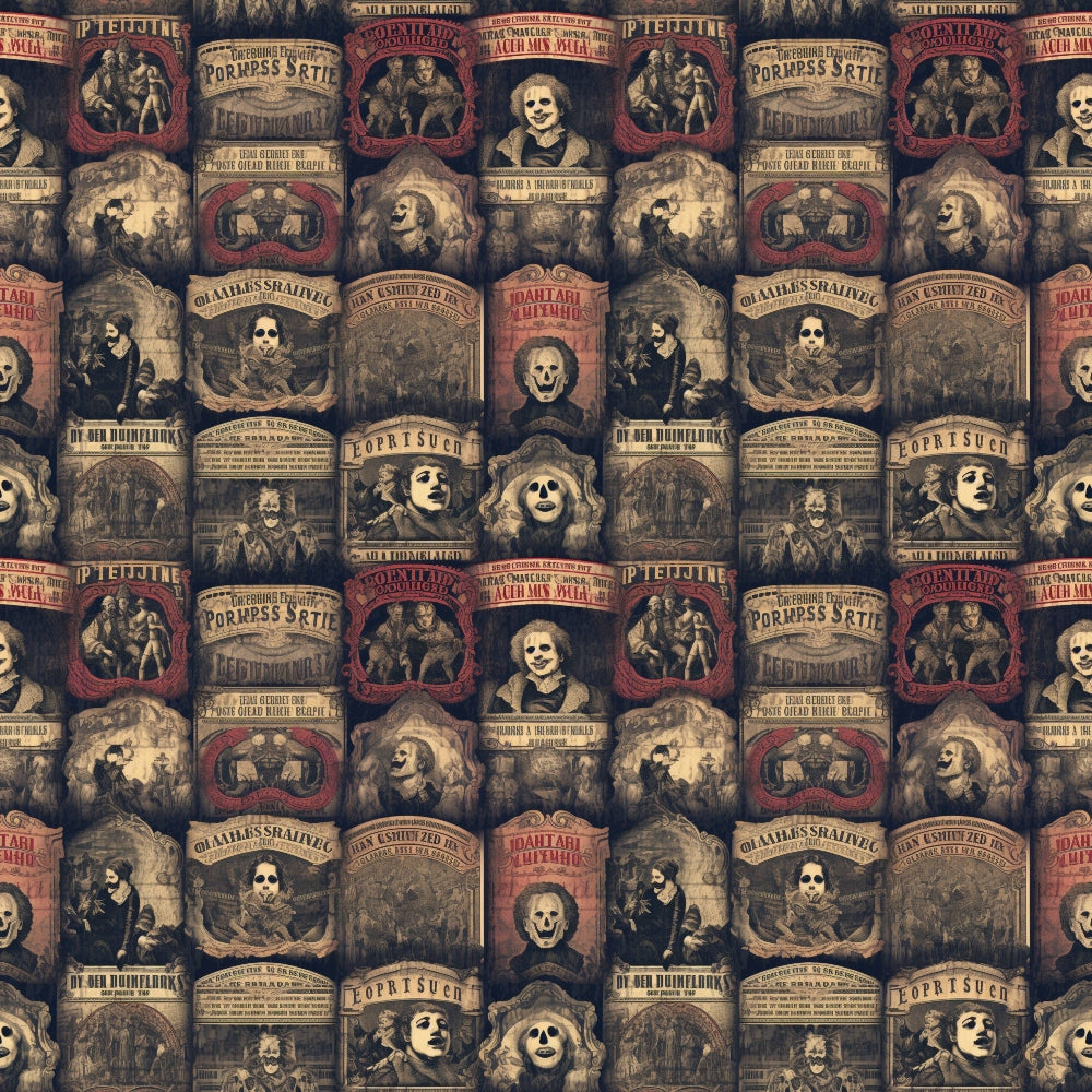 Vintage horror-themed wallpaper with repeating patterns of eerie figures, stylized text, and skull motifs in muted tones.
