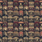 Vintage horror-themed wallpaper with repeating patterns of eerie figures, stylized text, and skull motifs in muted tones.