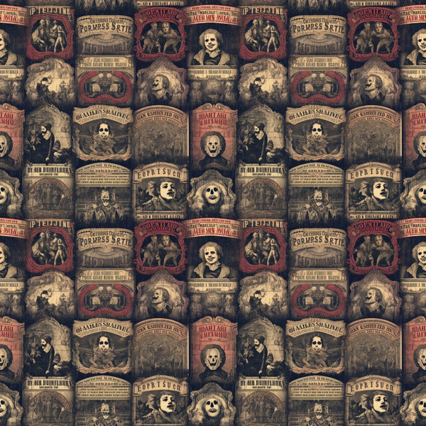 Vintage horror-themed wallpaper with repeating patterns of eerie figures, stylized text, and skull motifs in muted tones.