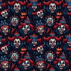 Pattern of sinister clown faces with exaggerated features and bold colors on a dark background.