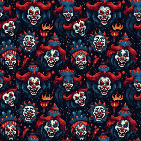 Pattern of sinister clown faces with exaggerated features and bold colors on a dark background.