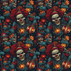 Seamless Halloween pattern with skull-faced clowns, pumpkins, and eerie creatures in dark colors.