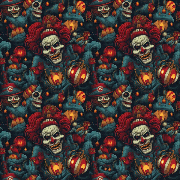 Seamless Halloween pattern with skull-faced clowns, pumpkins, and eerie creatures in dark colors.