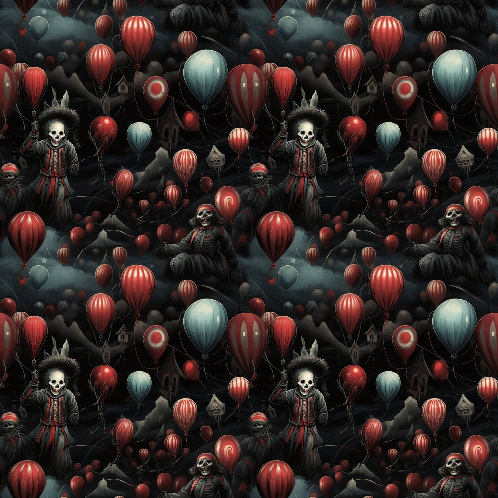 Pattern of skeleton clowns holding red and teal balloons in a dark, eerie setting with clouds and hills.