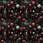 Pattern of skeleton clowns holding red and teal balloons in a dark, eerie setting with clouds and hills.