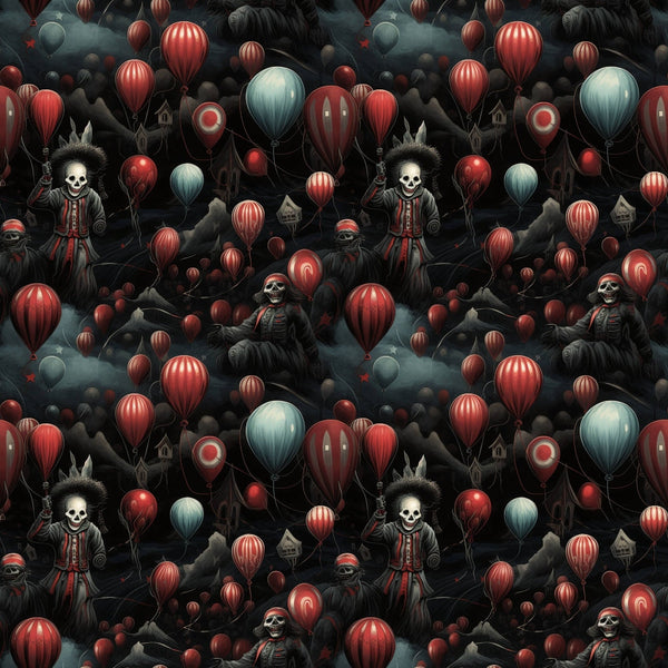 Pattern of skeleton clowns holding red and teal balloons in a dark, eerie setting with clouds and hills.