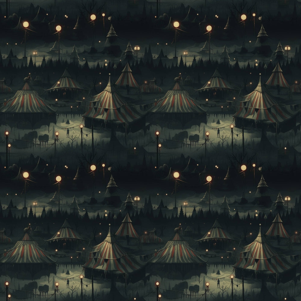 Dark circus-themed pattern featuring striped tents, trees, and hanging lights under a night sky.