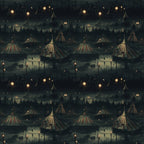 Dark circus-themed pattern featuring striped tents, trees, and hanging lights under a night sky.
