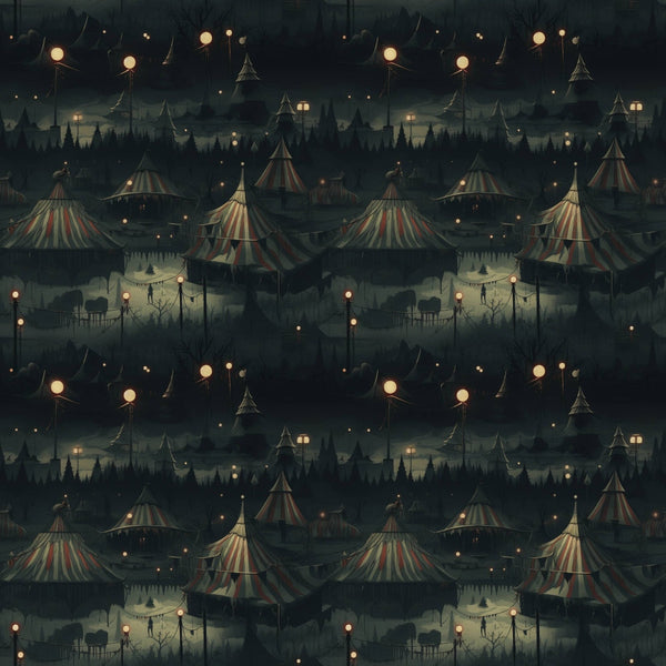 Dark circus-themed pattern featuring striped tents, trees, and hanging lights under a night sky.