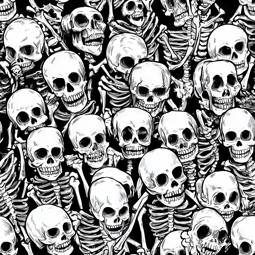 A dense pattern of intricately drawn, white skeletons on a black background, featuring numerous skulls in various positions.