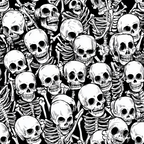 A dense pattern of intricately drawn, white skeletons on a black background, featuring numerous skulls in various positions.