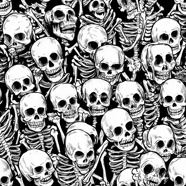 A dense pattern of intricately drawn, white skeletons on a black background, featuring numerous skulls in various positions.