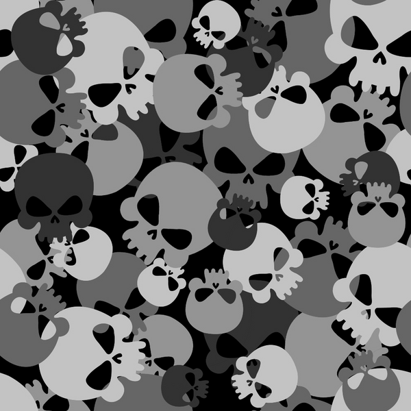 skull pattern, camouflage design, black, white, gray, monochrome, gothic style, overlapping skulls, spooky theme, halloween fabric,, fabric panel, dark aesthetic, alternative style, edgy pattern, crossbones, horror motif, seamless repeat, cotton fabric