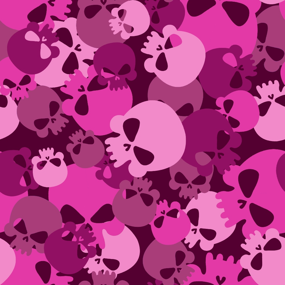 pink, magenta, fuchsia, burgundy, skull pattern, camouflage design, gothic style, edgy aesthetic,, fabric panel, repeating motif, layered skulls, alternative fashion, punk inspired, halloween theme, dark romance, contemporary art, overlapping design, monochromatic pink, spooky chic