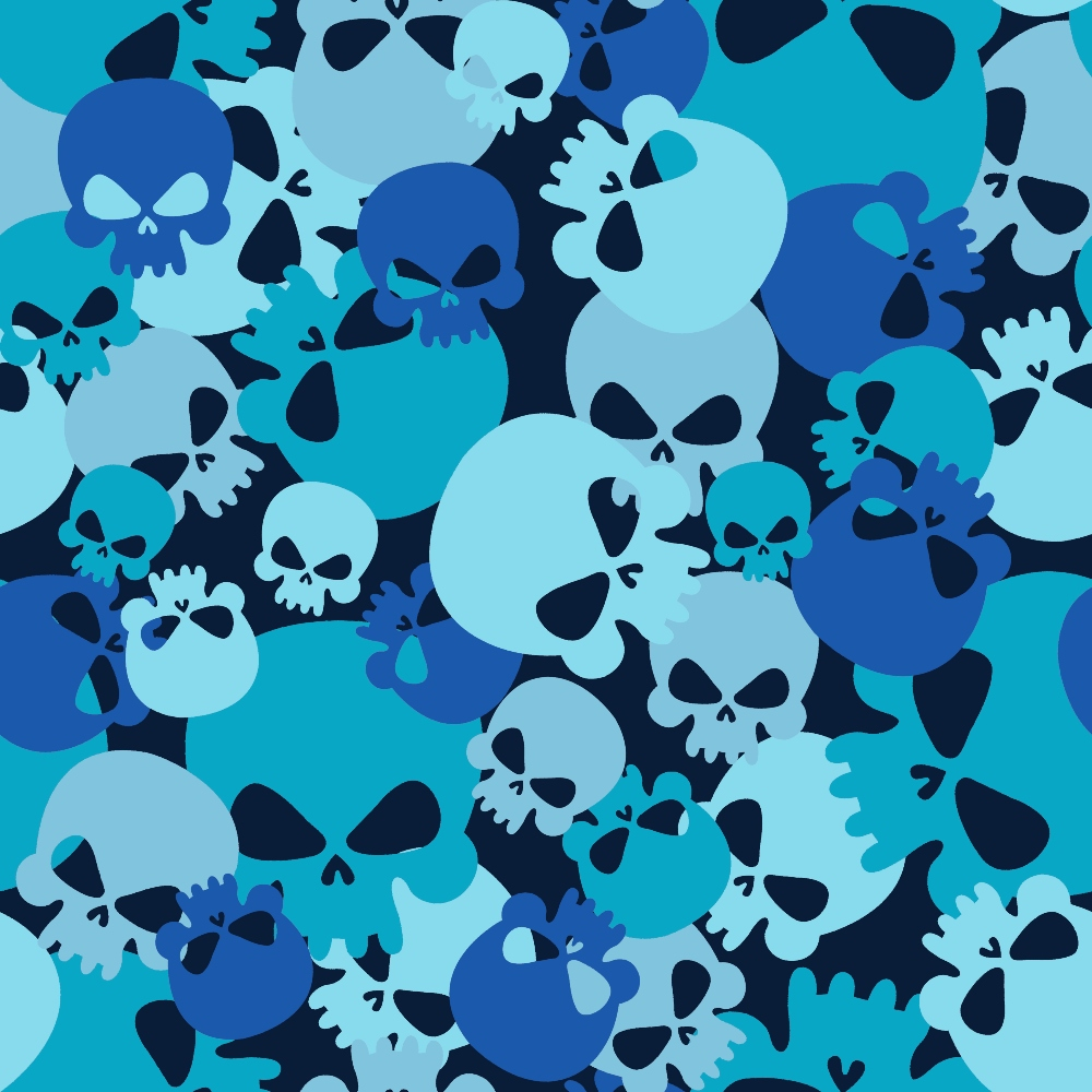 turquoise, teal, navy blue, light blue, skull pattern, camouflage design, overlapping skulls, gothic motif, edgy style,, fabric panel, horror theme, spooky pattern, blue camouflage, skull silhouettes, layered design, alternative fabric, novelty print, crafting material