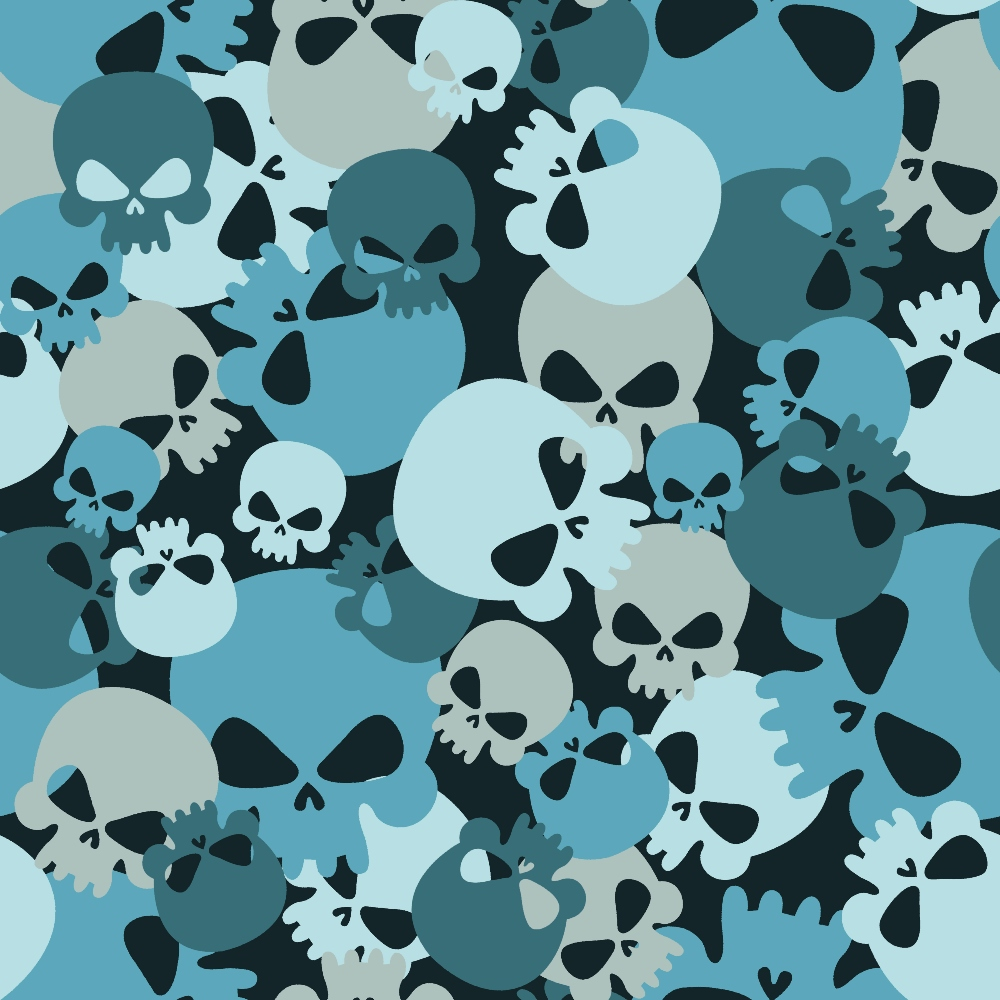 teal, blue, gray, black, white, skull pattern, camouflage design, overlapping skulls, gothic style, edgy aesthetic,, fabric panel, halloween theme, spooky motif, monochromatic palette, seamless pattern, geometric skulls, modern camouflage, crafting material, sewing fabric