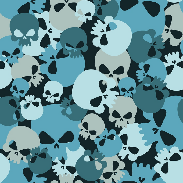 teal, blue, gray, black, white, skull pattern, camouflage design, overlapping skulls, gothic style, edgy aesthetic,, fabric panel, halloween theme, spooky motif, monochromatic palette, seamless pattern, geometric skulls, modern camouflage, crafting material, sewing fabric