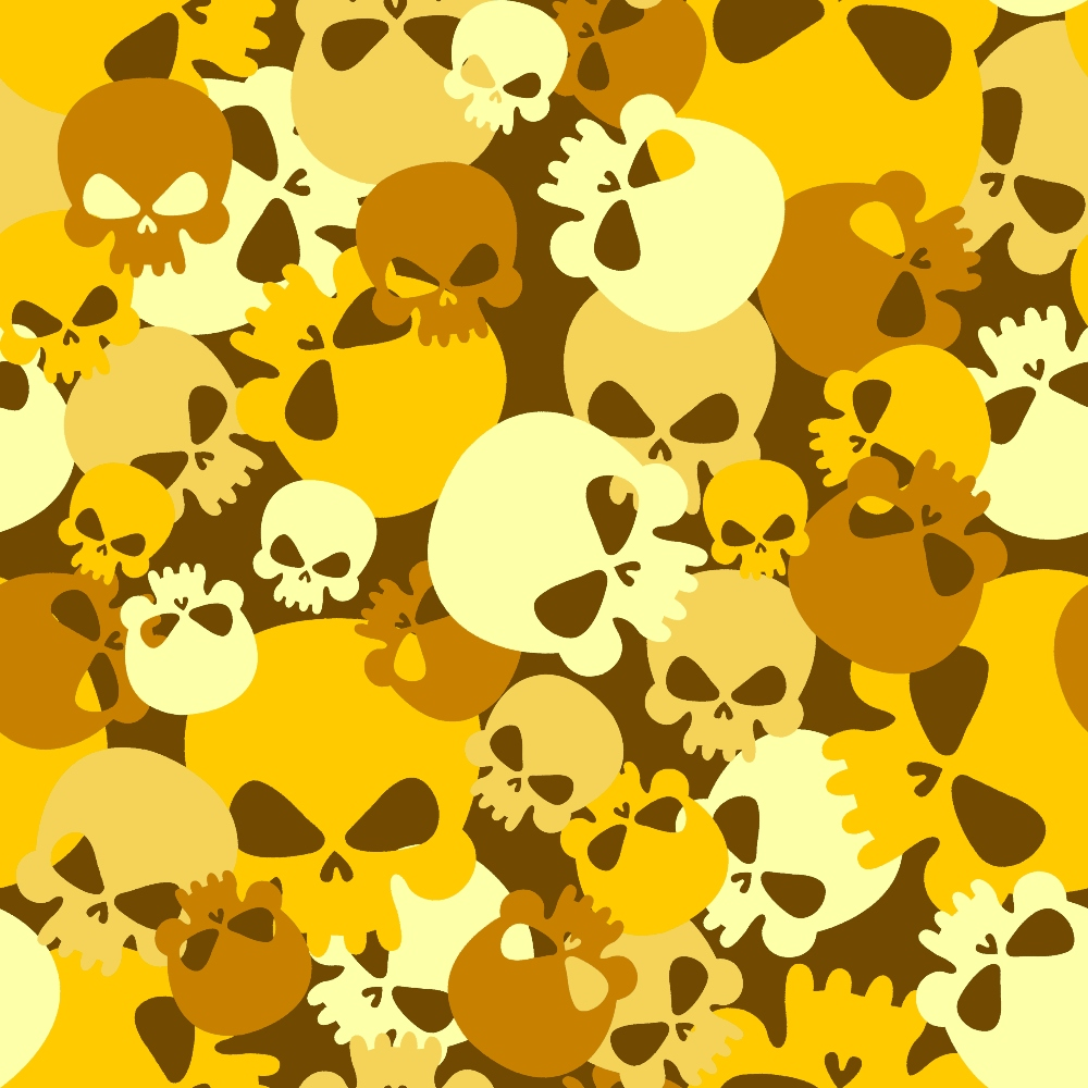 skulls, camouflage pattern, yellow, golden yellow, brown, tan, beige, cream, overlapping skulls, military inspired, edgy design, gothic style, halloween theme, spooky motif,, fabric panel, seamless pattern, layered design, bone imagery, alternative aesthetic