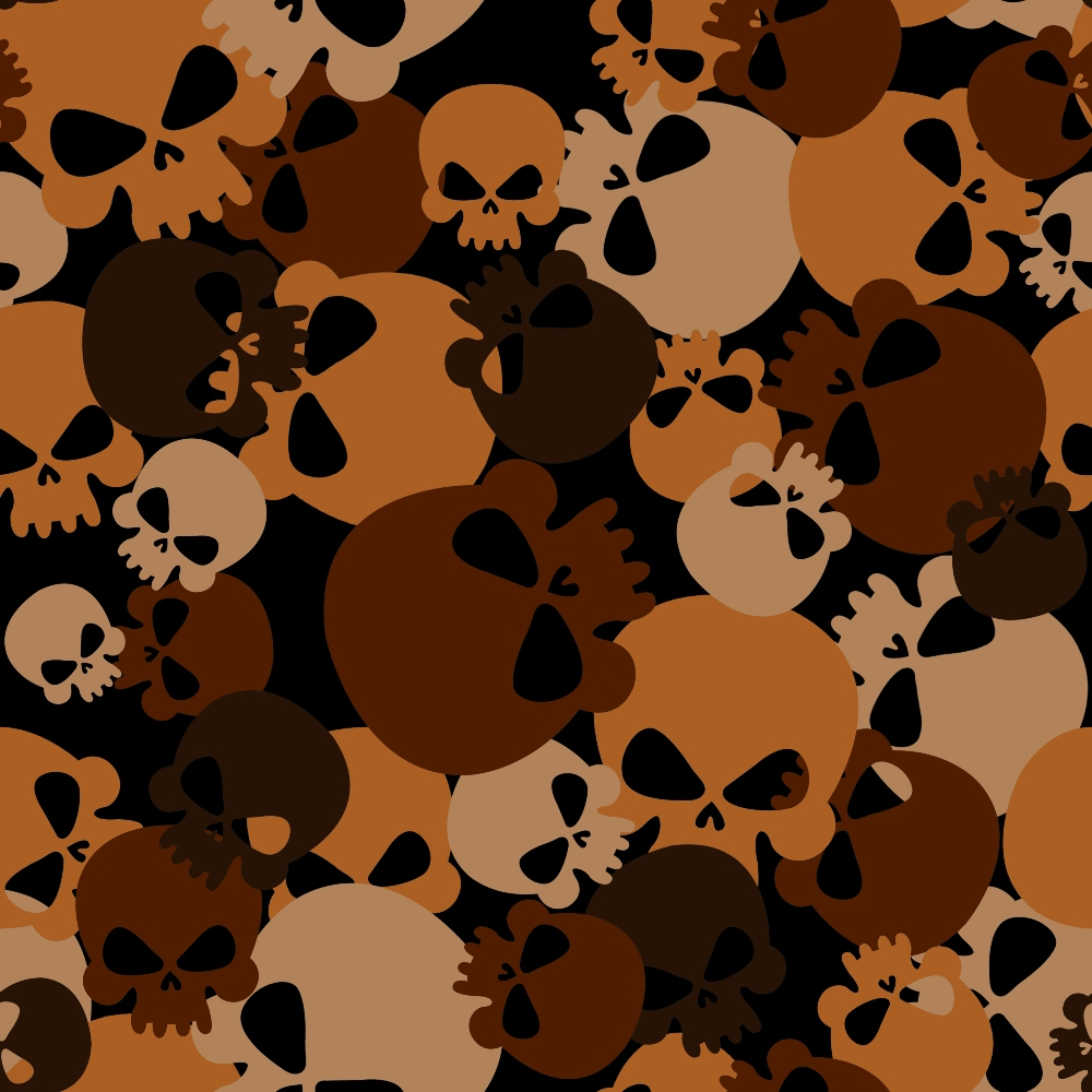 skull pattern, camouflage design, brown tones, orange shades, tan colors, beige hues, black accents, military camouflage, gothic skulls, seamless repeat,, fabric panel, halloween theme, spooky motif, earth tones, autumn colors, contemporary style, geometric skulls, alternative design, horror aesthetic