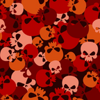 skull pattern, camouflage design, red fabric, orange tones, burgundy colors, pink skulls, dark red, coral pink, overlapping skulls, gothic style, halloween theme, spooky motif,, fabric panel, scattered design, layered pattern, autumn colors, macabre art, repetitive skulls, edgy aesthetic
