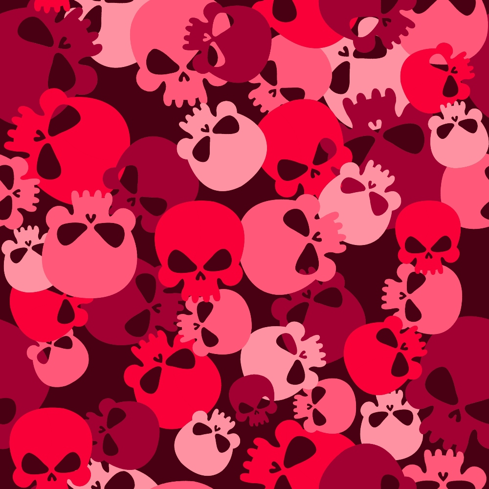 skull pattern, camouflage design, pink tones, red shades, burgundy colors, coral hues, gothic motif, edgy aesthetic, overlapping skulls,, fabric panel, halloween theme, spooky design, alternative style, punk rock, layered pattern, seamless repeat, dark romance, unconventional camouflage