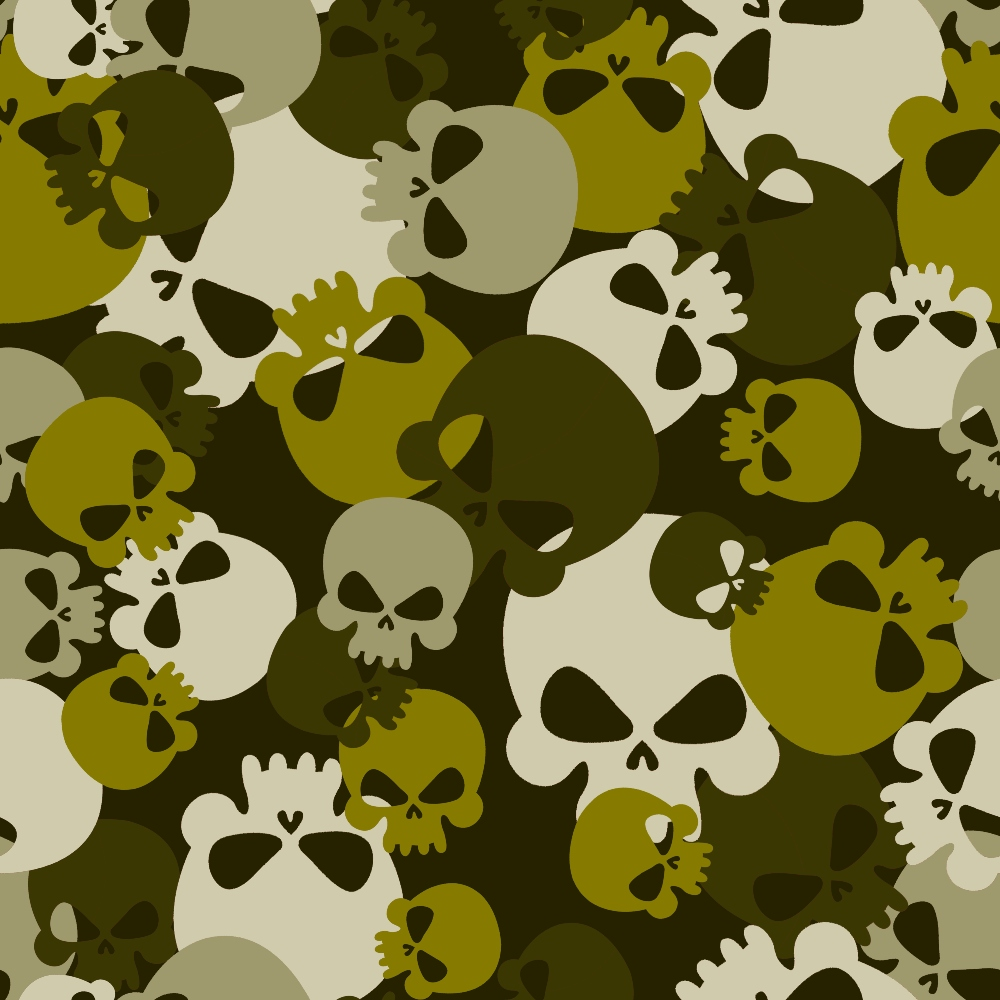 olive green, beige, cream, dark green, skull pattern, camouflage design, military style, overlapping skulls, gothic motif, edgy aesthetic,, fabric panel, halloween theme, spooky design, earth tones, neutral colors, repetitive pattern, seamless design, cotton fabric, crafting material