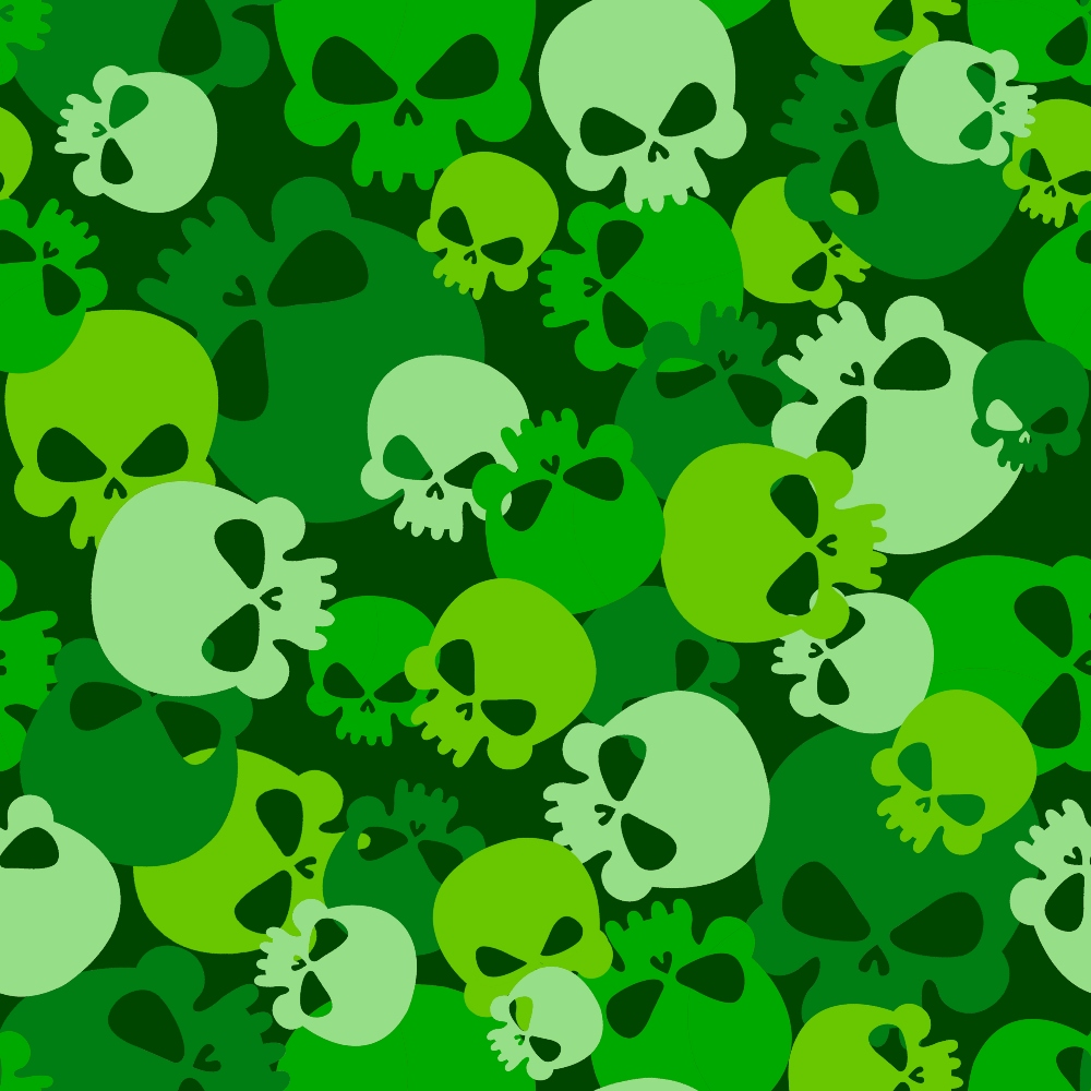 green skulls, camouflage pattern, lime green, forest green, sage green, skull motifs, military inspired, gothic style, overlapping skulls, tonal greens, spooky design, halloween theme, edgy pattern, cotton fabric, quilting panel, seamless repeat, dark humor, alternative style, monochromatic green