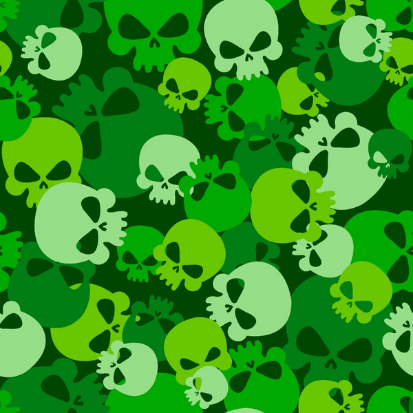 green skulls, camouflage pattern, lime green, forest green, sage green, skull motifs, military inspired, gothic style, overlapping skulls, tonal greens, spooky design, halloween theme, edgy pattern, cotton fabric, quilting panel, seamless repeat, dark humor, alternative style, monochromatic green