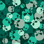 skulls, camouflage pattern, teal green, mint green, sage green, dark green, gray, white, overlapping skulls, military style, camo design, gothic motif, spooky theme, halloween fabric,, fabric panel, seamless pattern, monochromatic green, edgy design, contemporary style