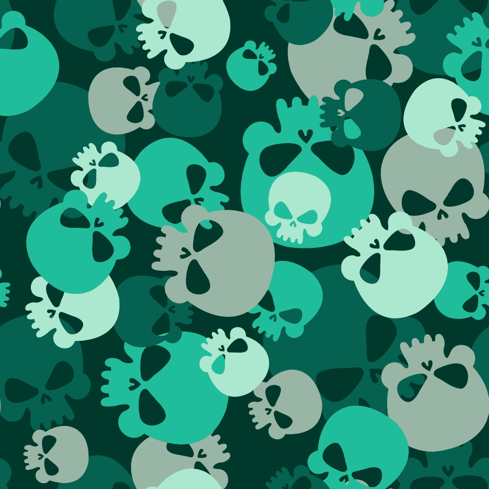 skulls, camouflage pattern, teal green, mint green, sage green, dark green, gray, white, overlapping skulls, military style, camo design, gothic motif, spooky theme, halloween fabric,, fabric panel, seamless pattern, monochromatic green, edgy design, contemporary style