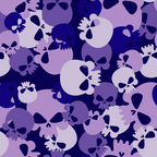 purple, lavender, navy blue, white, skull pattern, camouflage design, gothic style, spooky theme, halloween motif, overlapping skulls,, fabric panel, alternative fashion, edgy pattern, bone imagery, dark aesthetic, contemporary design, repetitive motif, monochrome skulls