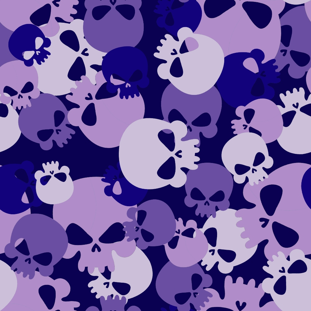 purple, lavender, navy blue, white, skull pattern, camouflage design, gothic style, spooky theme, halloween motif, overlapping skulls,, fabric panel, alternative fashion, edgy pattern, bone imagery, dark aesthetic, contemporary design, repetitive motif, monochrome skulls
