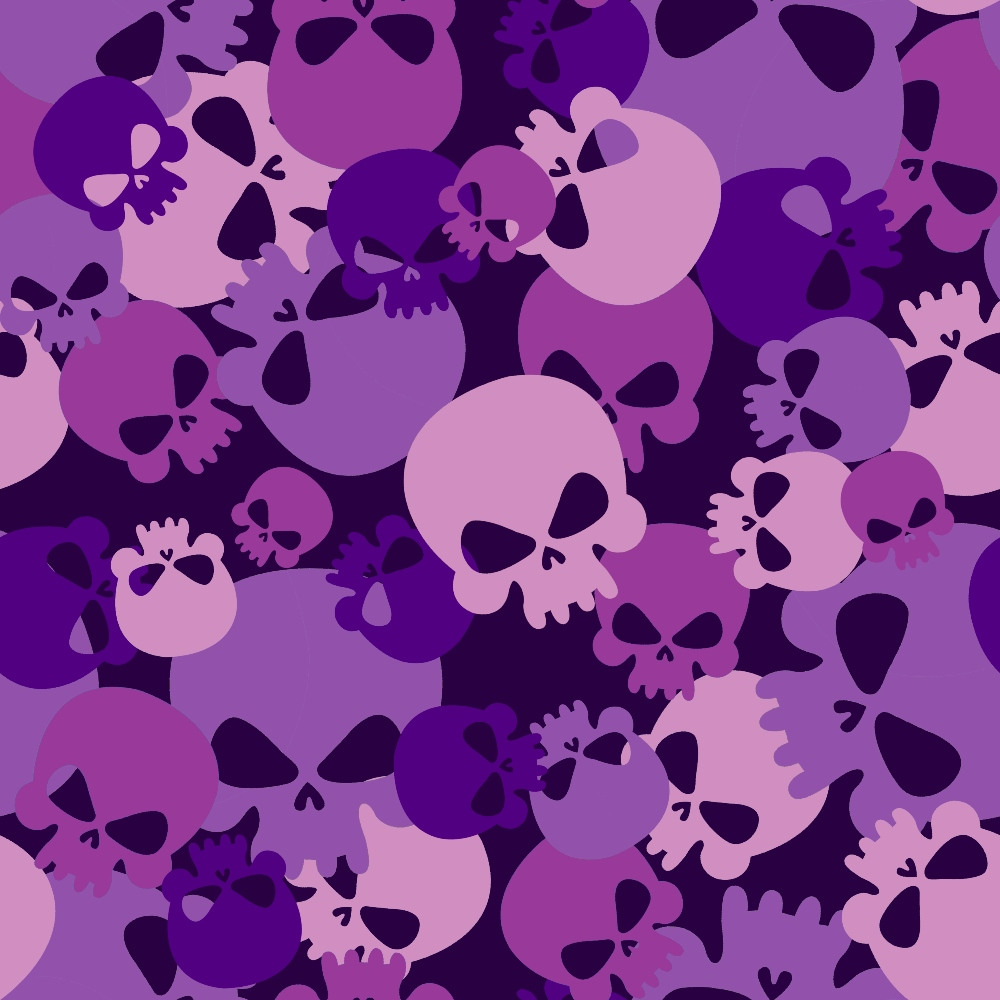 purple, magenta, lavender, skull pattern, camouflage design, gothic style, spooky theme, halloween motif,, fabric panel, overlapping skulls, dark purple, light pink, bone imagery, alternative fashion, edgy design, seamless pattern, cotton fabric, crafting material