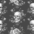 Black and white pattern featuring human skulls surrounded by roses and leaves on a dark background.