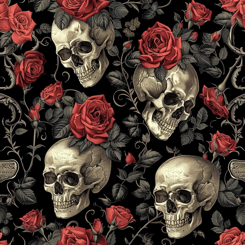 Patterned design of human skulls and red roses intertwined with detailed leaves on a black background.