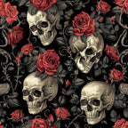 Patterned design of human skulls and red roses intertwined with detailed leaves on a black background.