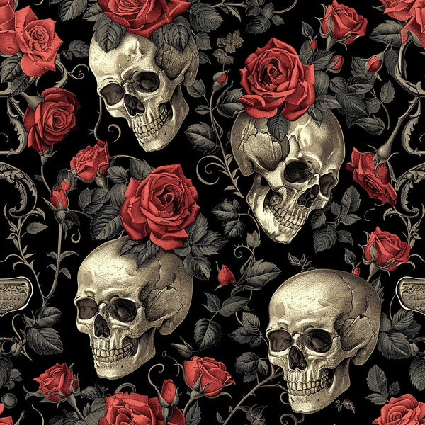 Patterned design of human skulls and red roses intertwined with detailed leaves on a black background.
