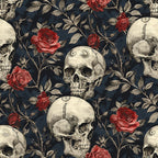 Pattern of skulls and red roses with leaves on a dark background.