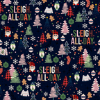 Festive pattern with Christmas trees, Santa faces, gingerbread men, snowflakes, ornaments, and Sleigh All Day text on a dark background.