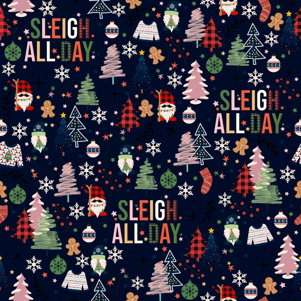 Festive pattern with Christmas trees, Santa faces, gingerbread men, snowflakes, ornaments, and Sleigh All Day text on a dark background.