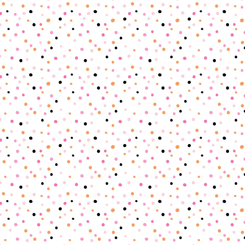 A pattern of scattered dots in black, pink, and orange on a white background.