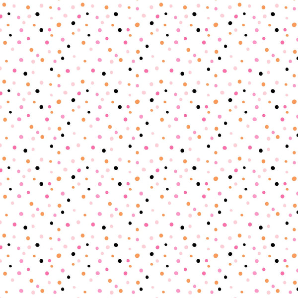 A pattern of scattered dots in black, pink, and orange on a white background.