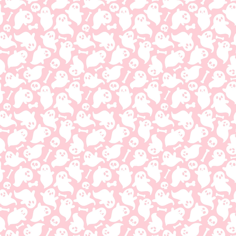 Pattern of white ghosts, skulls, and bones on a pink background.