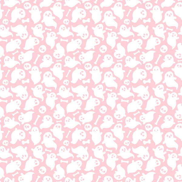 Pattern of white ghosts, skulls, and bones on a pink background.