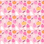 Halloween-themed pattern featuring pink background with orange and pink pumpkins, white ghosts, skulls, bats, leaves, and spider webs.