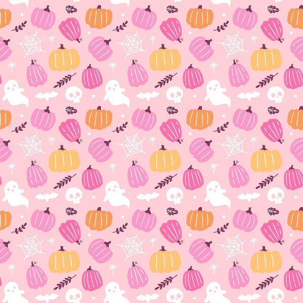 Halloween-themed pattern featuring pink background with orange and pink pumpkins, white ghosts, skulls, bats, leaves, and spider webs.