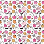 Pattern of pink and orange pumpkins, ghosts, spider webs, skulls, bats, and leaves on a white background.